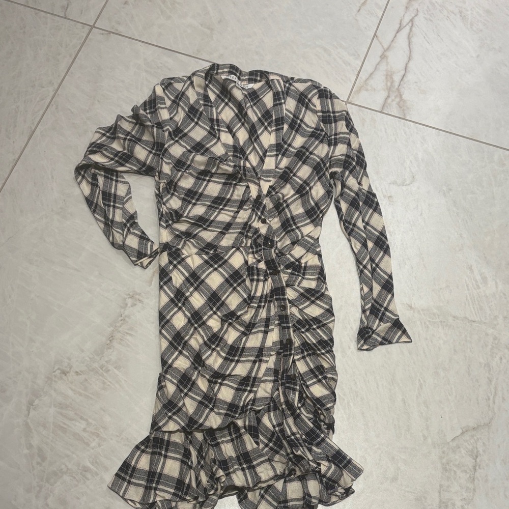Veronica Beard Black and Cream Plaid Long Sleeve Dress